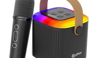 pTron Newly Launched Fusion Tunes 10W Mini Bluetooth Speaker with Wireless Karaoke Mic, 8Hrs Playtime, Vivid RGB Lights, Voice Effects, Multi-Play Modes BT5.1/TF Card & Type-C Charging Port (Black)